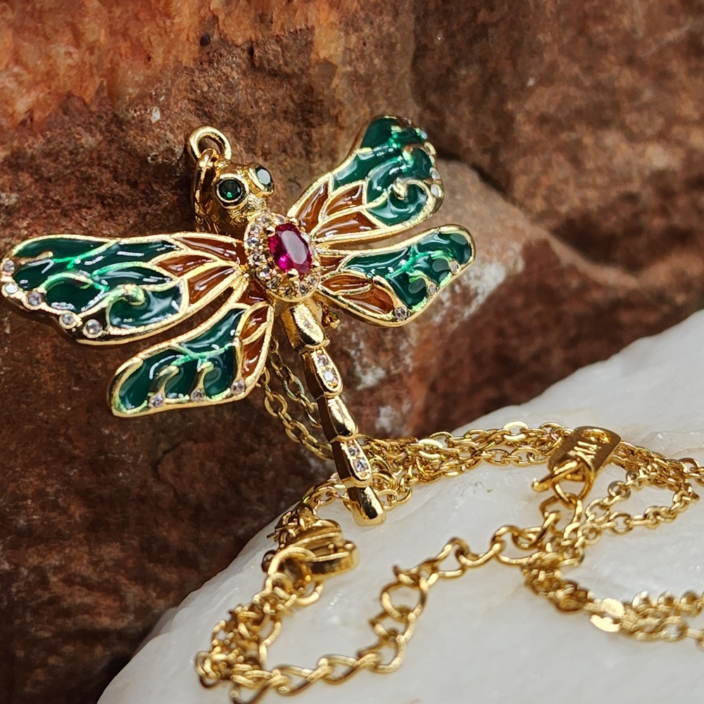 18k Gold plated Chain Necklace Designer Jewelry Colorful Dragonfly Pendant